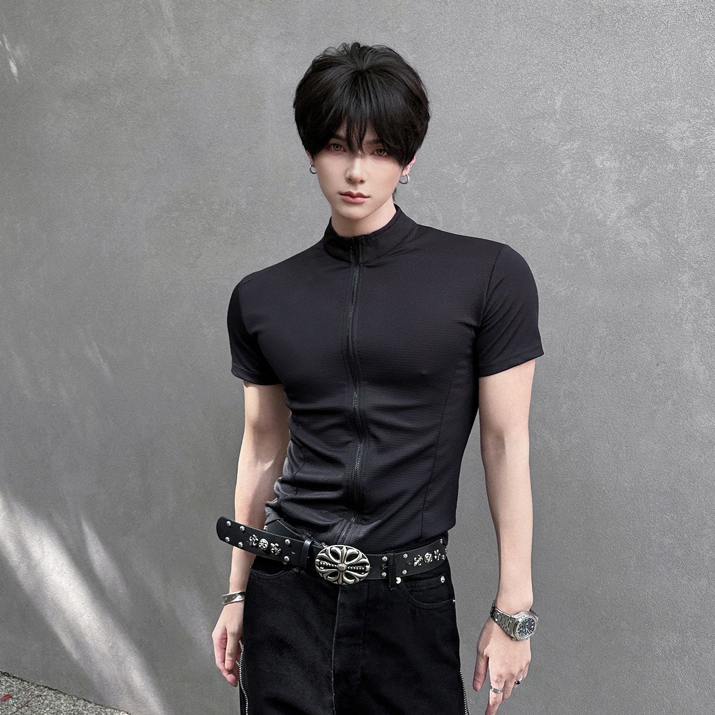Solid Color Zipper Short Sleeve T-Shirt WN25042