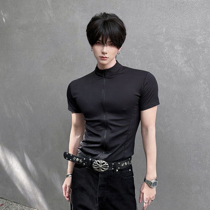 Solid Color Zipper Short Sleeve T-Shirt WN25042