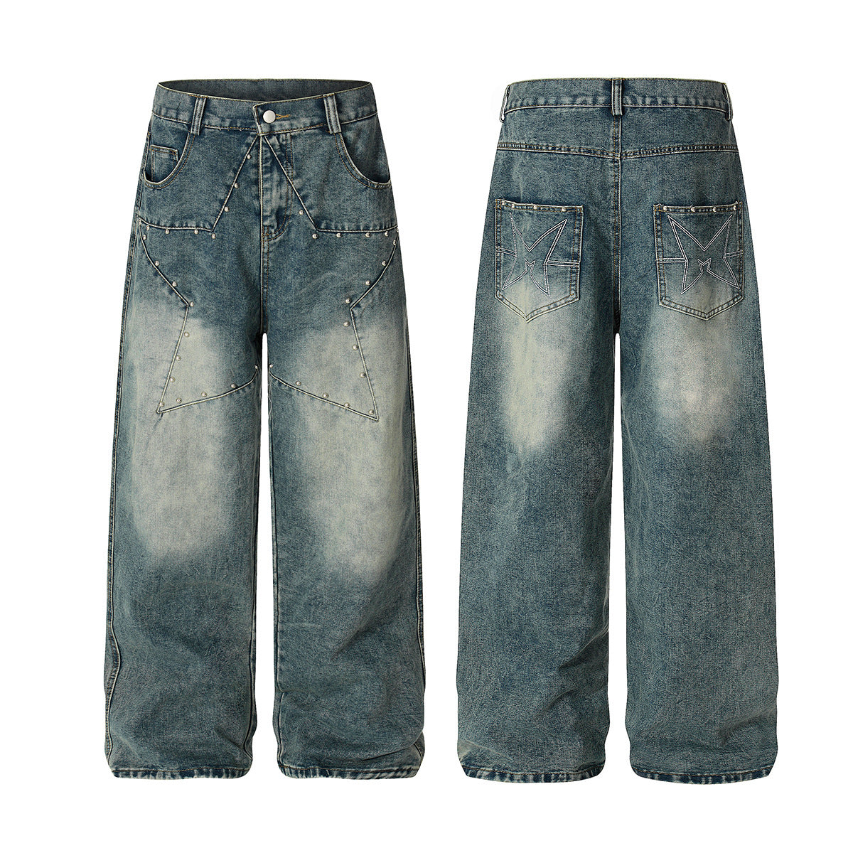 Star Patch Rivet Wide Leg Denim Jeans WN25585