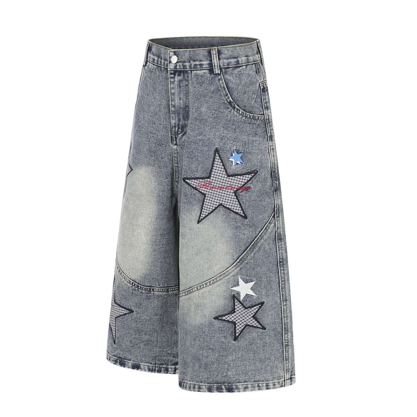 Star Patch Embroidery Denim Wide Leg Half Pants WN25693