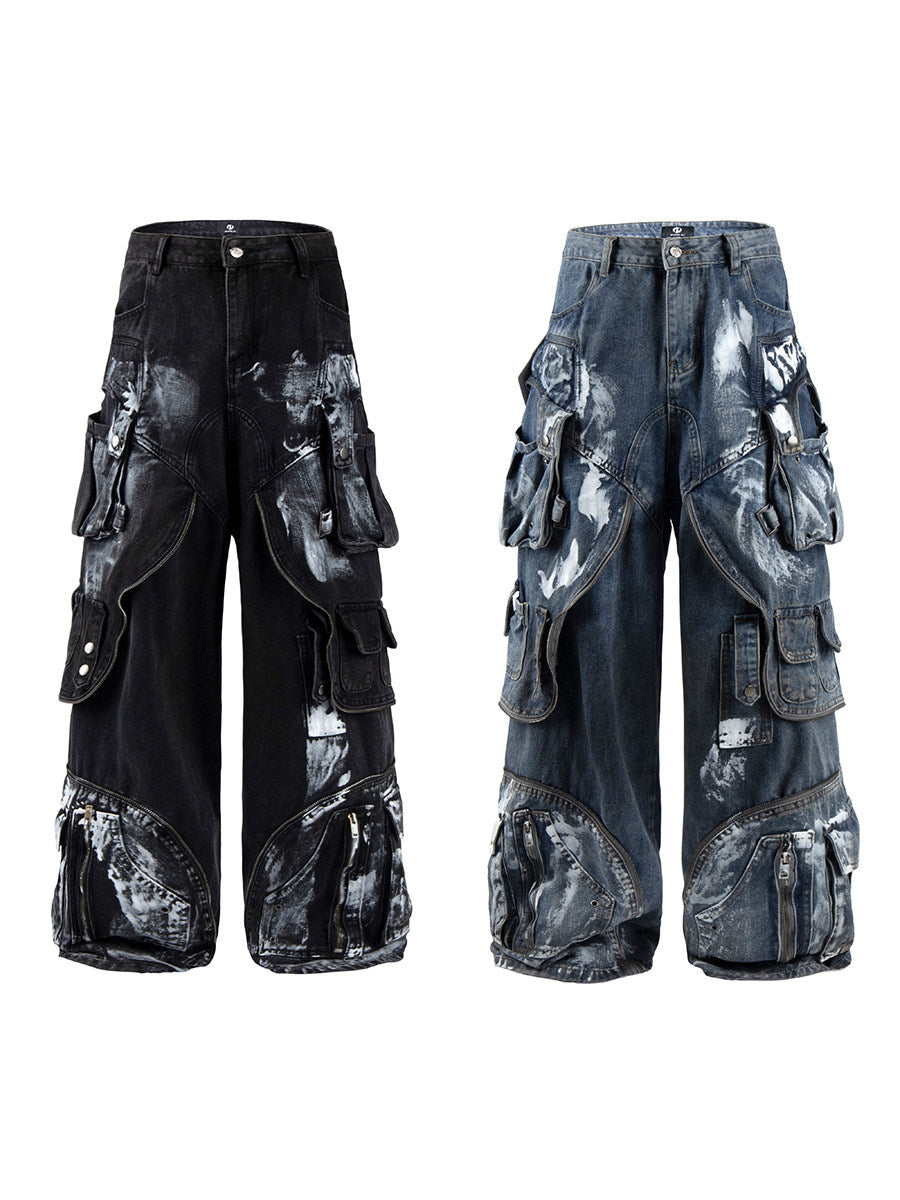 Deconstructed Layered Dirty Wash Wide Leg Cargo Denim Jeans WN24203