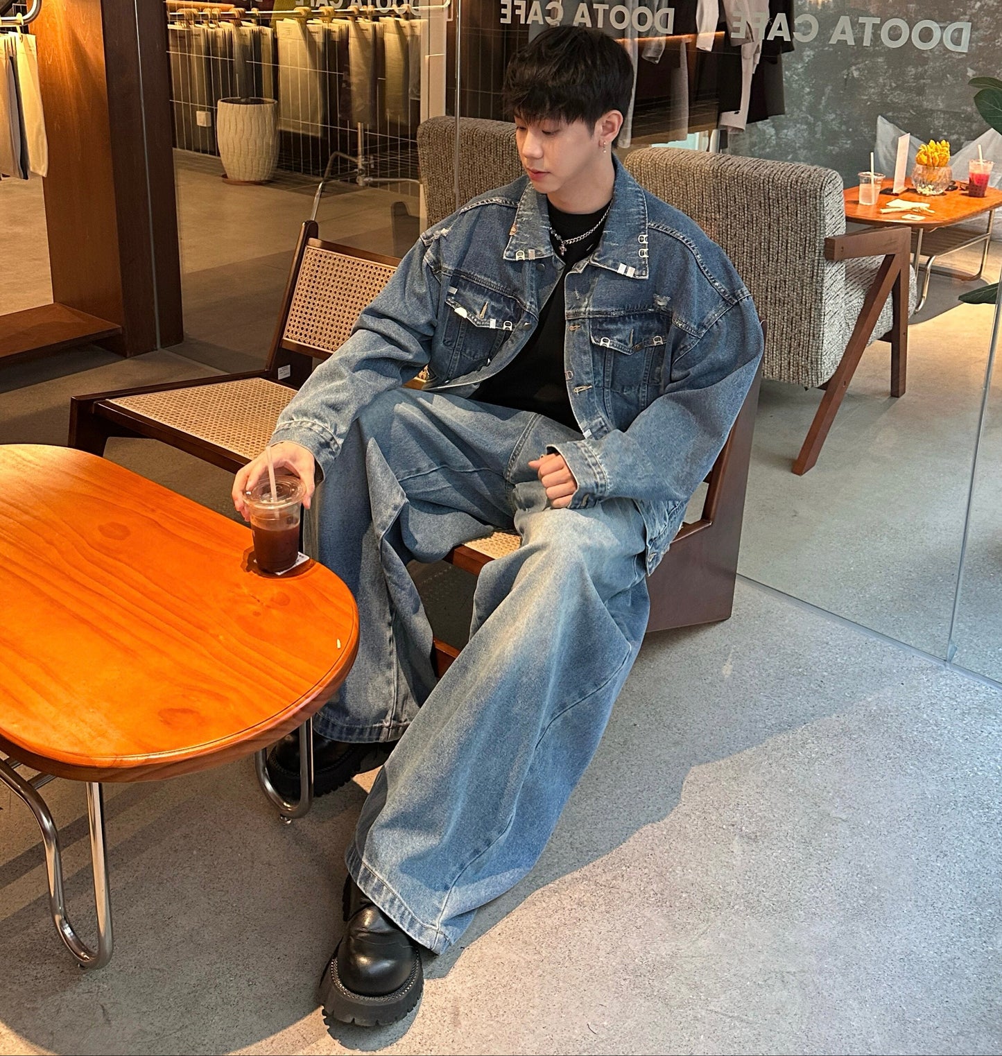 Metal Buckle Damage Denim Jacket & Wide Leg Denim Jeans Setup WN25271