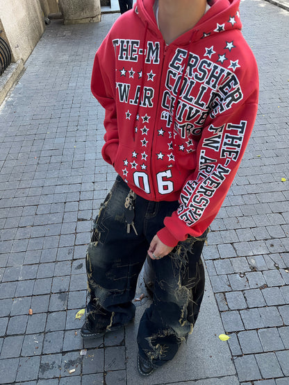 Graphic Print Fleece Oversize Zipper Hoodie WN24374