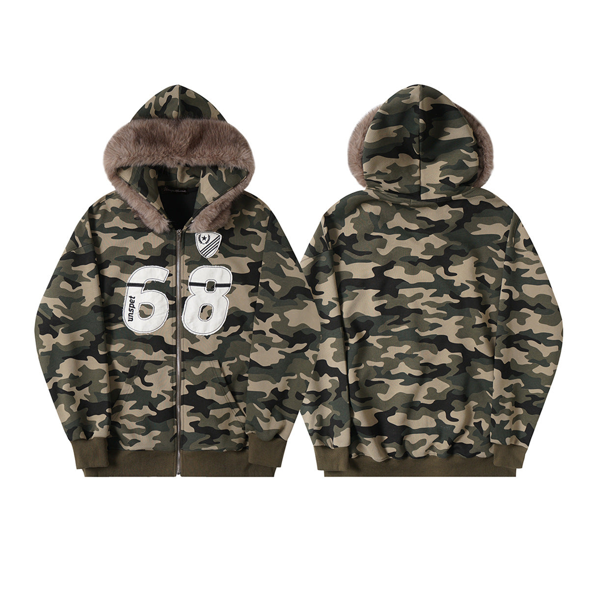Fake Fur Collar Camouflage Zipper Hoodie WN21879
