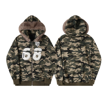 Fake Fur Collar Camouflage Zipper Hoodie WN21879