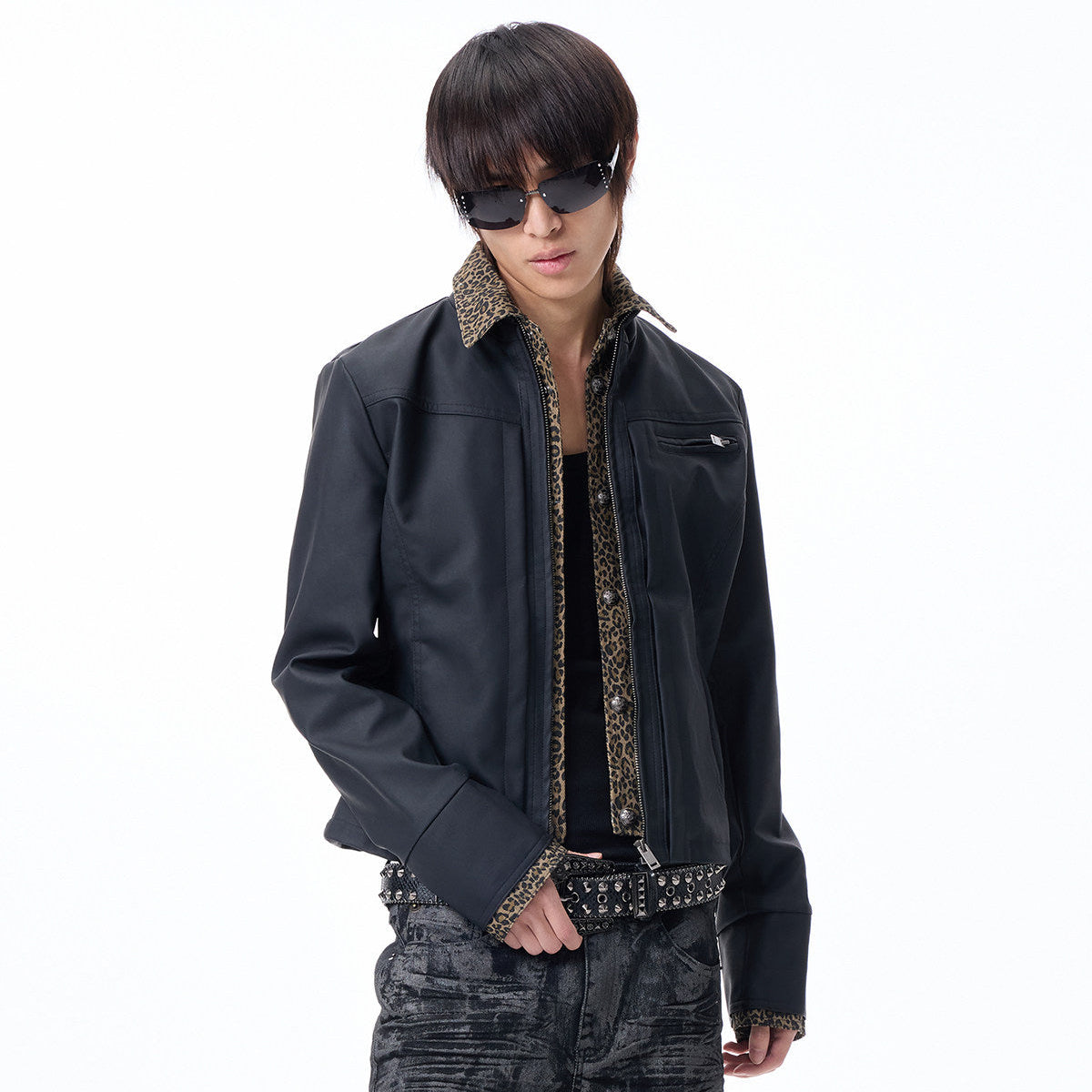 Double Placket Leopard Panel Short PU Leather Jacket WN27299