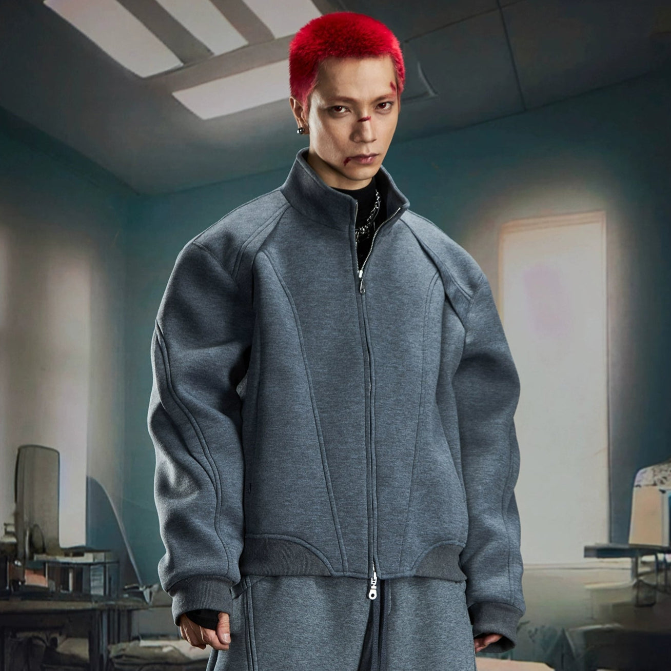 Deconstructed Oversize Zipper Stand Neck Jacket & Wide Leg Pants Setup WN20586