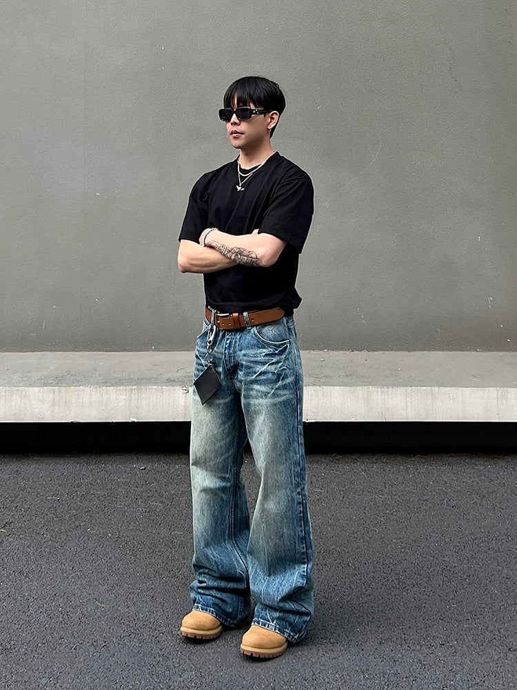 Ice Blue Lightning Pattern Flare Denim Jeans WN19467