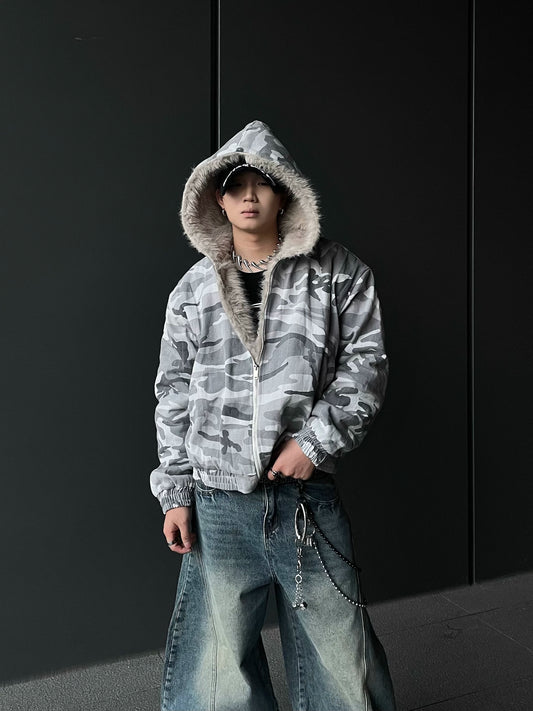 Fake Fur Camouflage Hooded Jacket WN10847