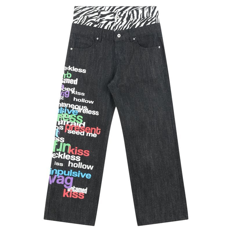 Double Waist Zebra Letter Print Wide Leg Denim Jeans WN27204