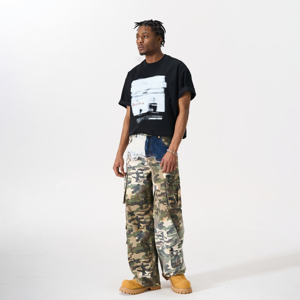 Denim Camouflage Patchwork Multi-Pocket Wide Leg Cargo Pants WN27858