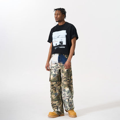 Denim Camouflage Patchwork Multi-Pocket Wide Leg Cargo Pants WN27858