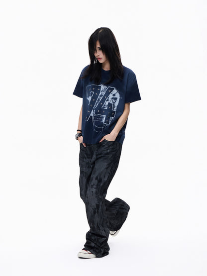 Washed Spray Paint Stud Print Short Sleeve T-Shirt WN27355