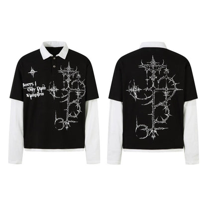 Cross Fake Layered Waffle Long Sleeve Polo T Shirt WN24245