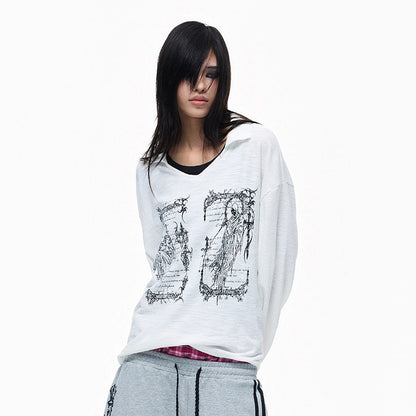 Reaper Angel Rune Print Polo-Collar Long Sleeve T-Shirt WN27326
