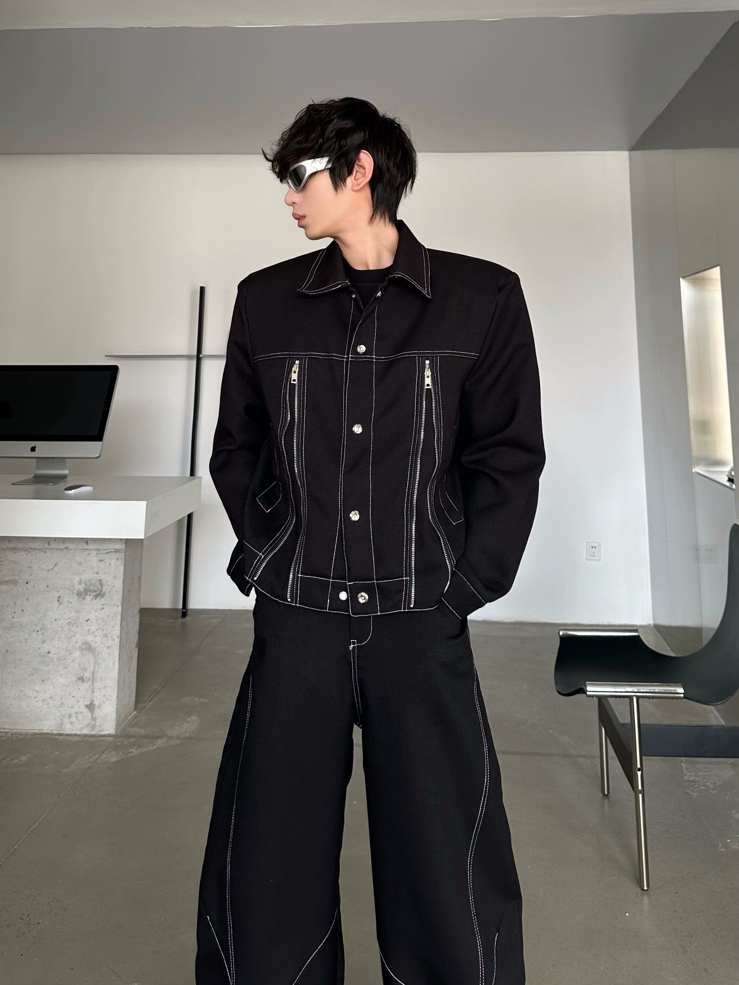 Zipper Design Jacket & Curved Wide Leg Pants Setup WN16769