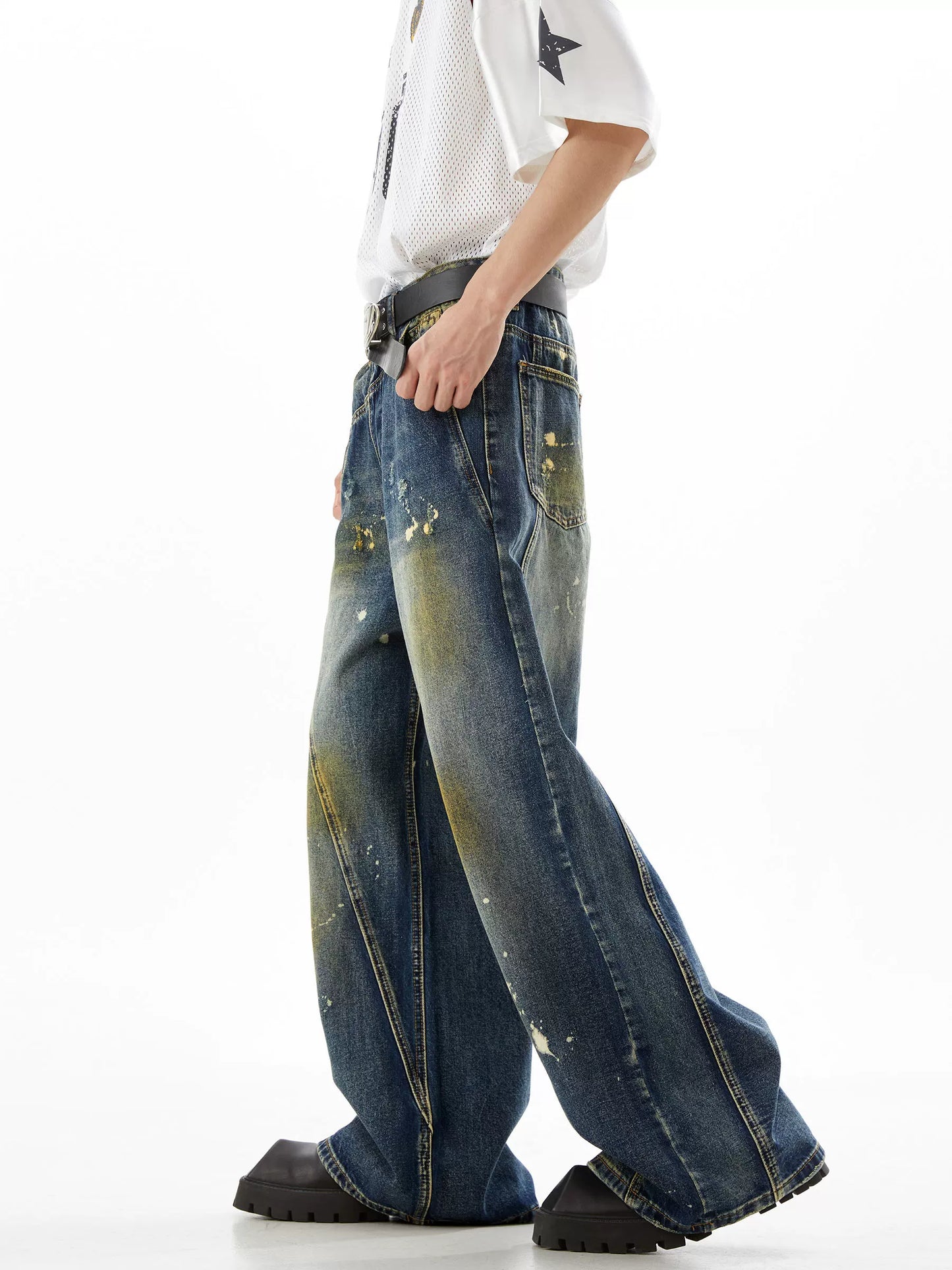 Paint-Splatter Wide-Leg Straight Denim Jeans WN10420