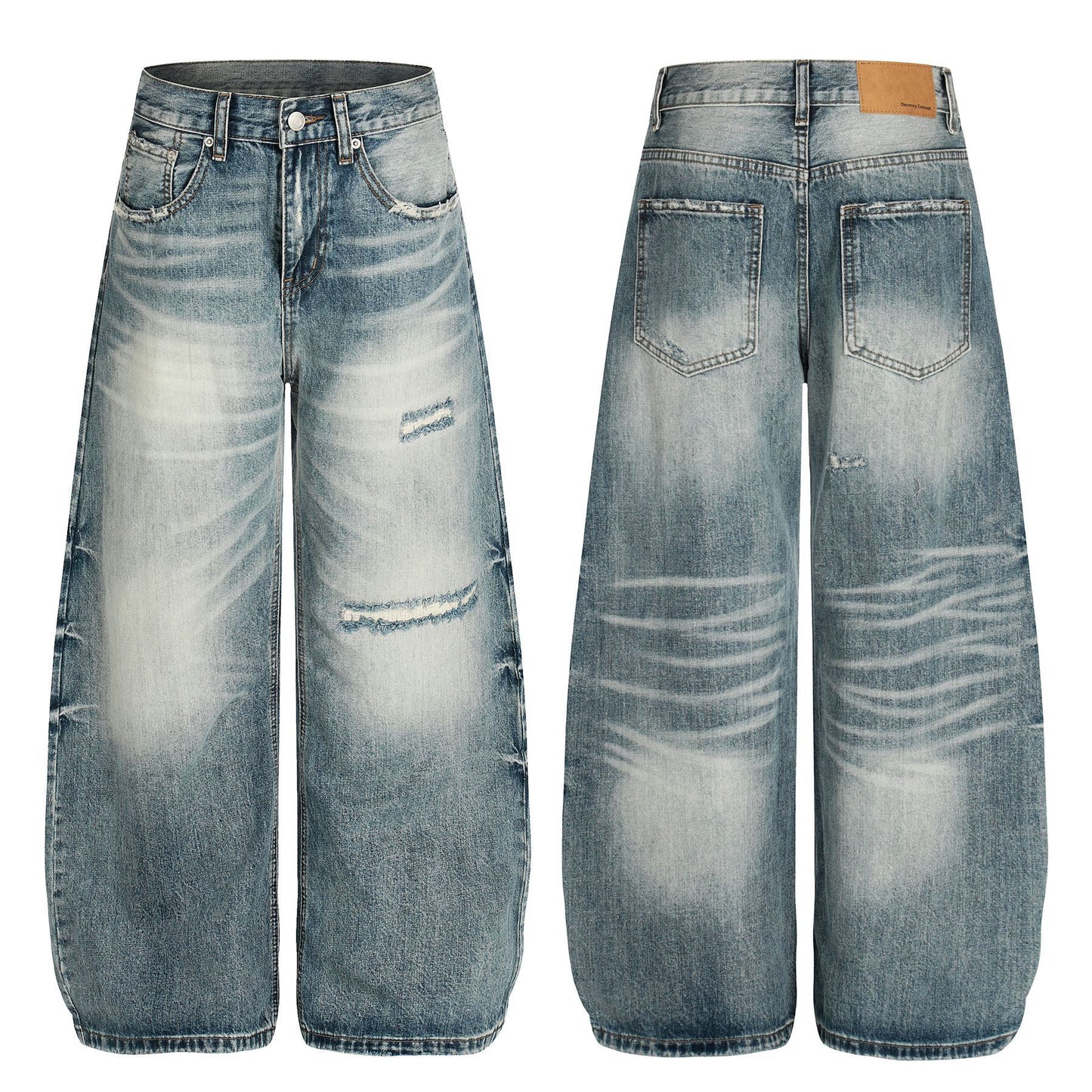 Washed Whisker Damage Curved Denim Jeans WN25863