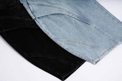 Deconstruction Curved Panel Wash Wide Leg Denim Jeans WN27930