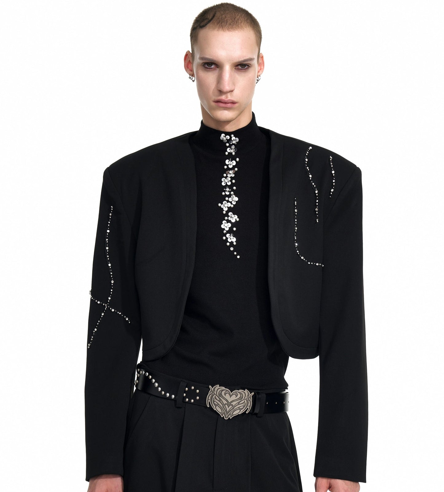 Collarless Shoulder-Pad Rhinestone Tailored Jacket & Rhinestone Trousers Setup WN20924