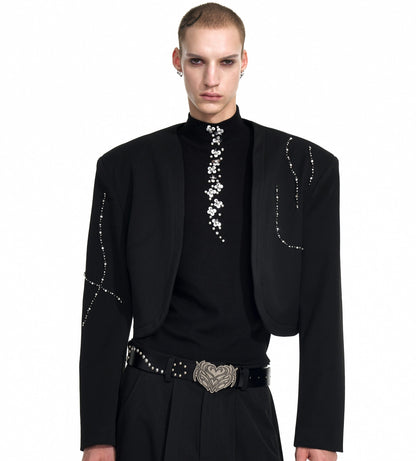 Collarless Shoulder-Pad Rhinestone Tailored Jacket & Rhinestone Trousers Setup WN20924
