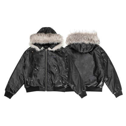 PU Leather Detachable Fur Collar Padded Parker Jacket WN11312