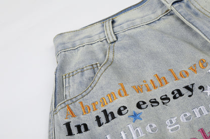 Letter Star Print Denim Half Jeans WN25412