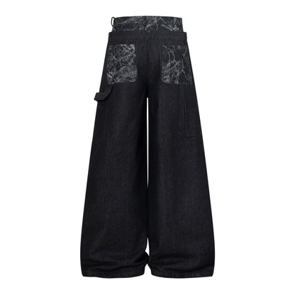 Double Waist Marble Panel Wide Leg Denim Jeans WN25907