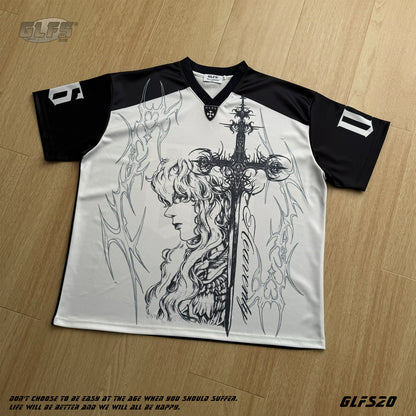 Sporty Illustration Cross V-Neck Short Sleeve T-Shirt WN26472