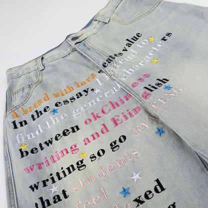 Letter Star Print Denim Half Jeans WN25412