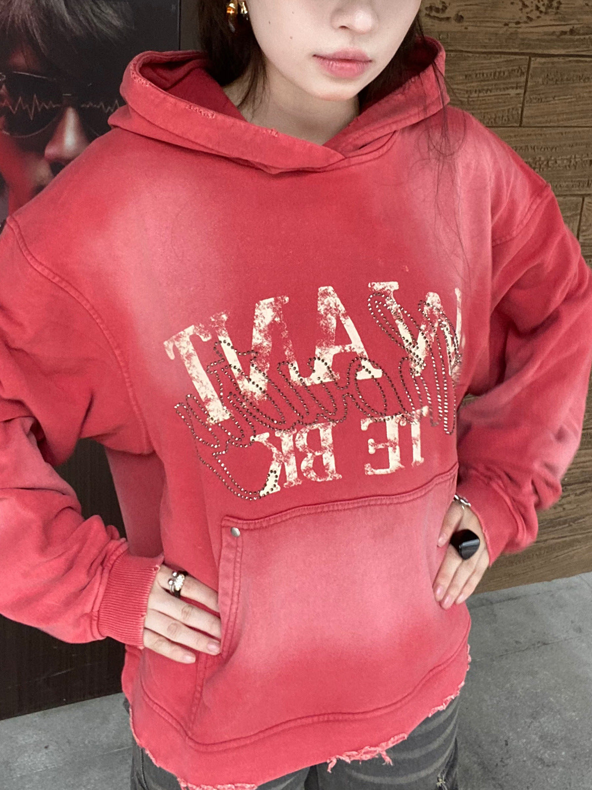 Washed Letter Rhinestone Design Damage Hoodie WN25384
