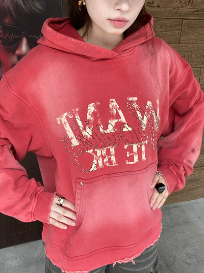 Washed Letter Rhinestone Design Damage Hoodie WN25384