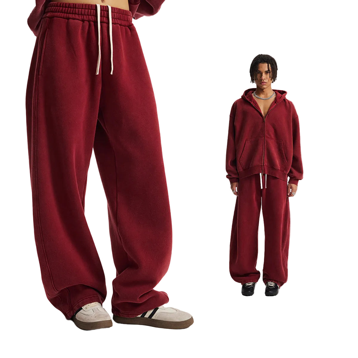 Fleece Lining Zip-Up Wax Dye Zipper Hoodie & Wide Leg Pants Sweatpants WN23112