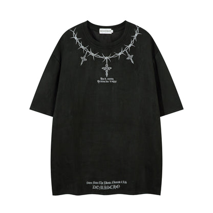Thorn Embroidery Suede Oversize Short Sleeve T-Shirt WN16216