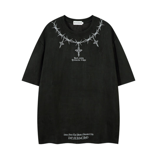 Thorn Embroidery Suede Oversize Short Sleeve T-Shirt WN16216