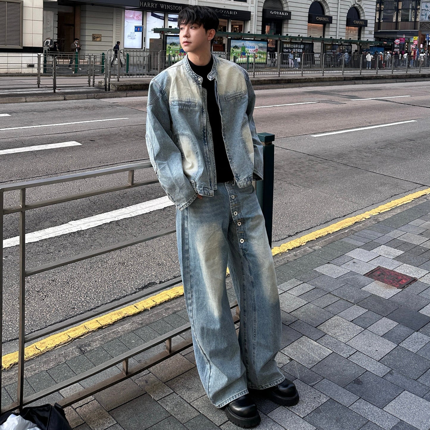 Standing-Collar Damage Wash Denim Jacket & Damage Wash Wide Leg Denim Jeans Setup WN25265