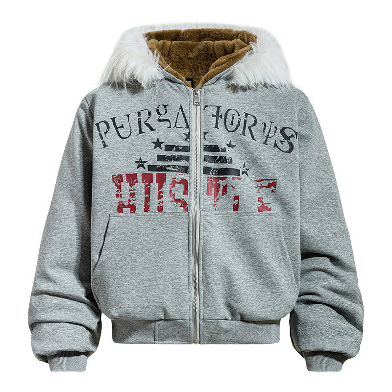 Fake Fur Graffiti Print Zipper Hooded Jacket WN24158