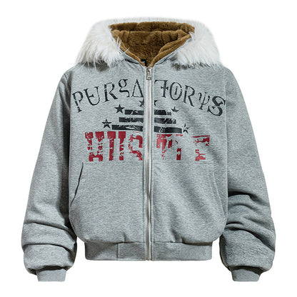Fake Fur Graffiti Print Zipper Hooded Jacket WN24158