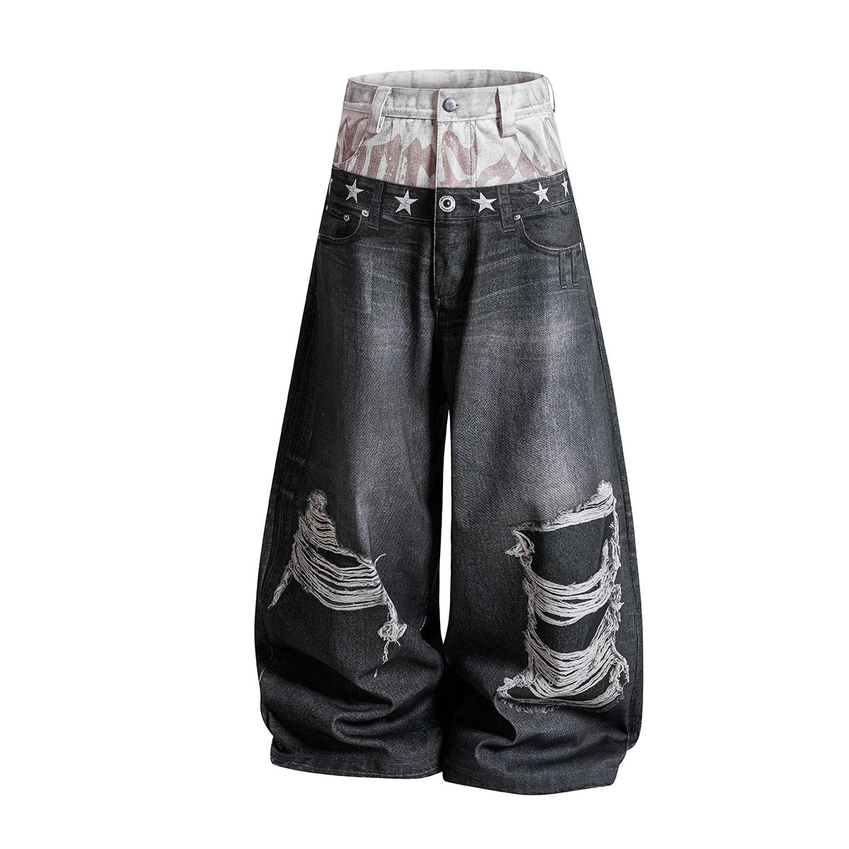 Star Damage Washed Wide Leg Denim Jeans WN25519