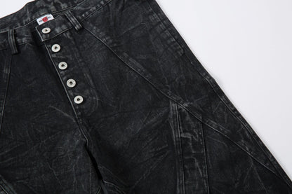 Washed Crinkle Button Fly Wide Leg Denim Jeans WN26144