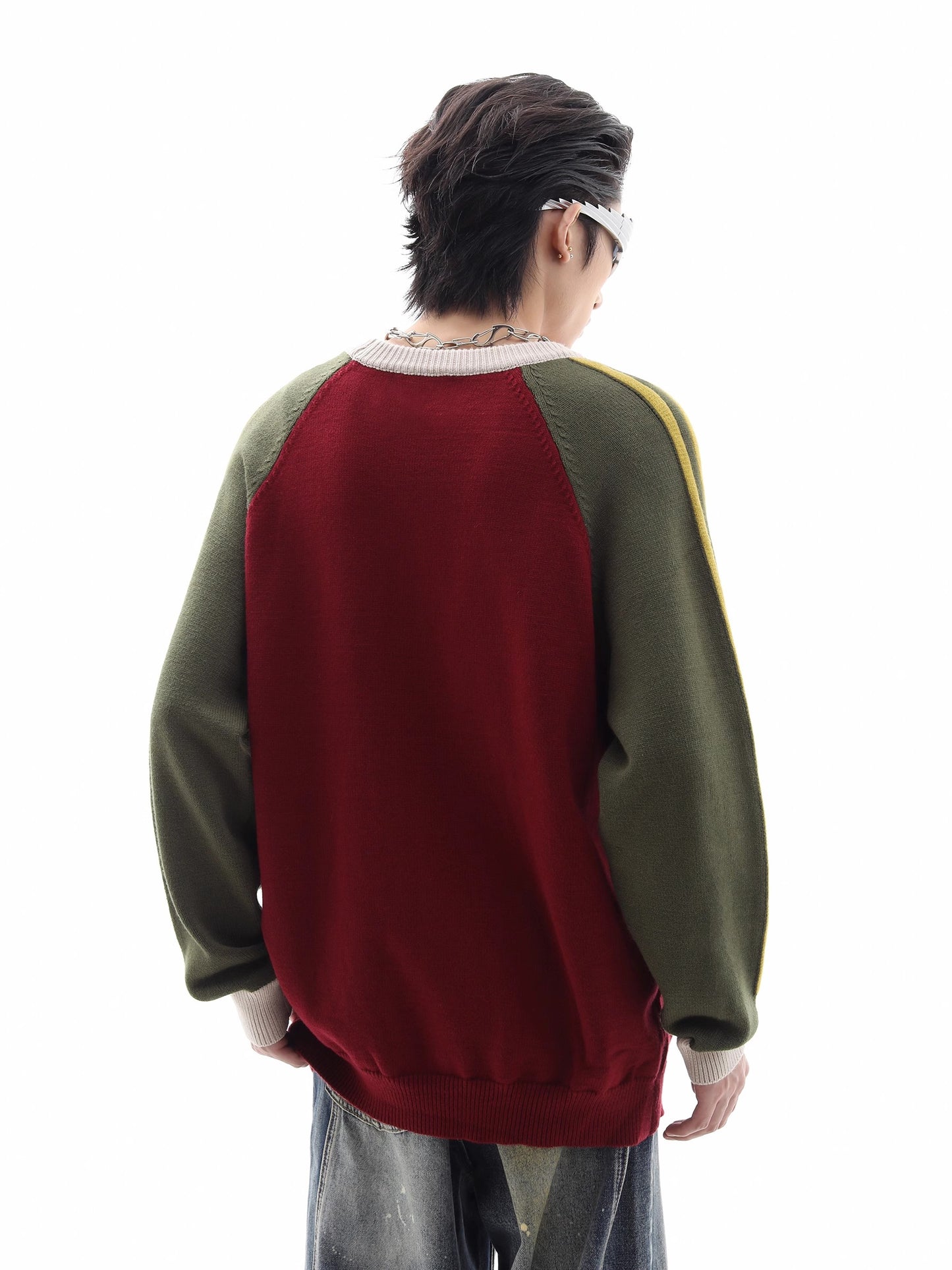 Jacquard Colorblock Raglan Sleeve Knit Sweater WN10437