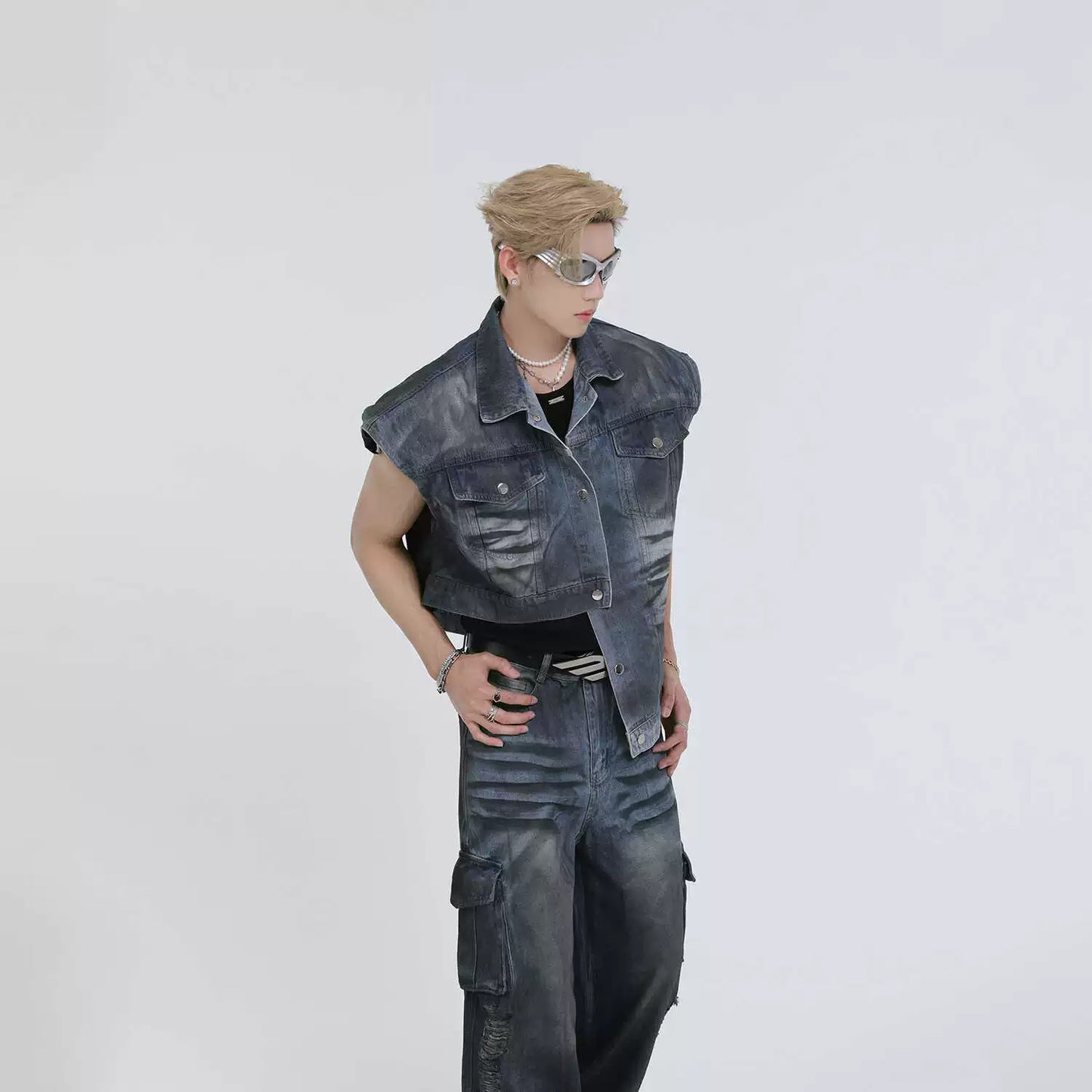 Asymmetrical Denim Vest & Wide Leg Cargo Denim Jeans Setup WN7332