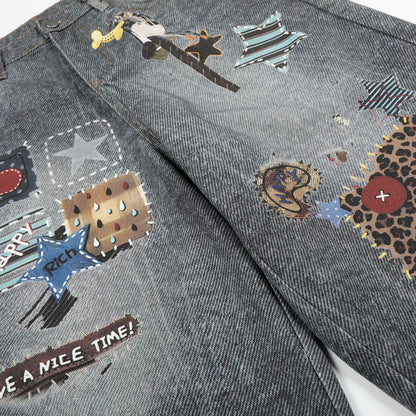 Applique Patchwork Wide Leg Half Denim Pants WN25625