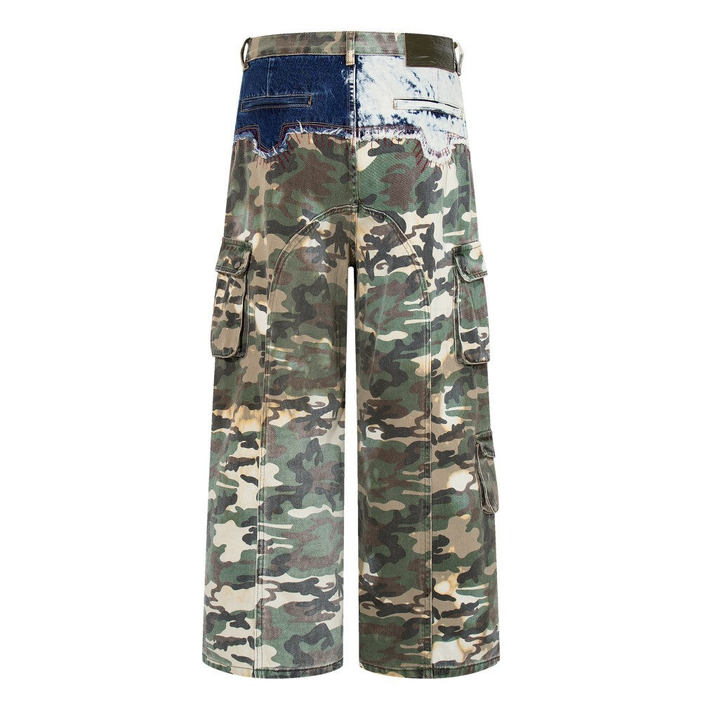 Denim Camouflage Patchwork Multi-Pocket Wide Leg Cargo Pants WN27858