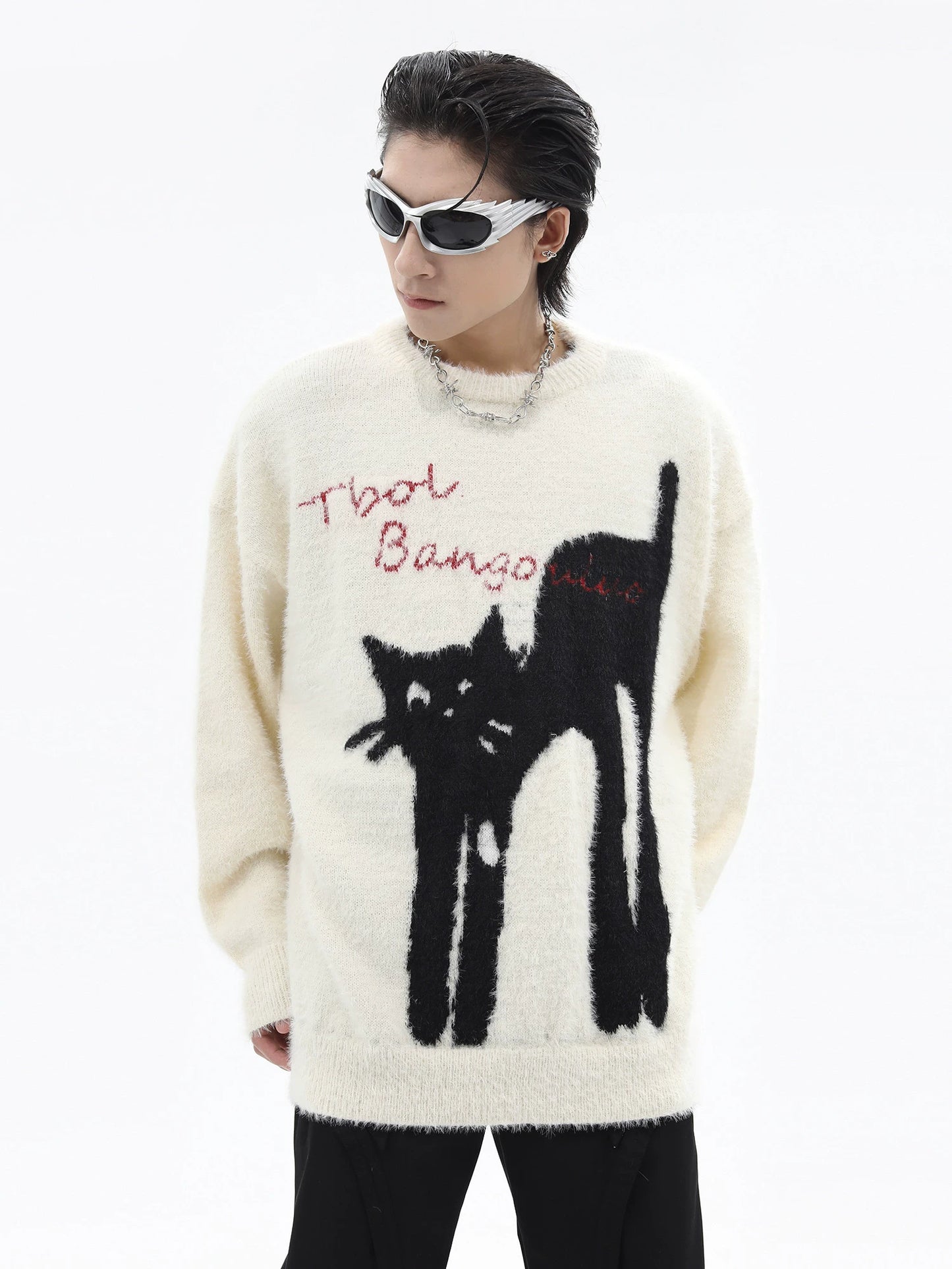 Cat Design Thick Round Neck Oversize Knit Sweater WN10249