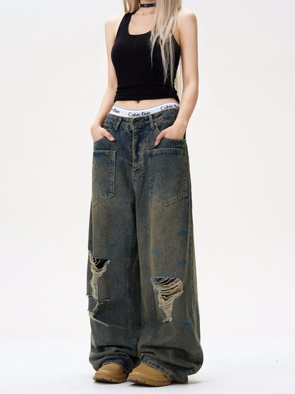 Damage Reverse Design Wide Leg Straight Denim Jeans WN8451