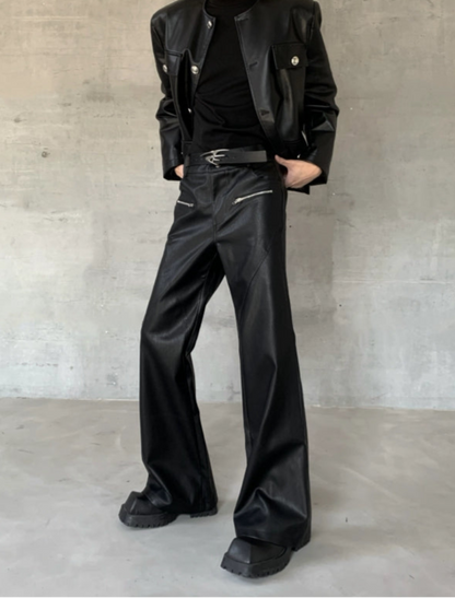 Deconstructed Zipper Design PU Leather Flare Pants WN20057