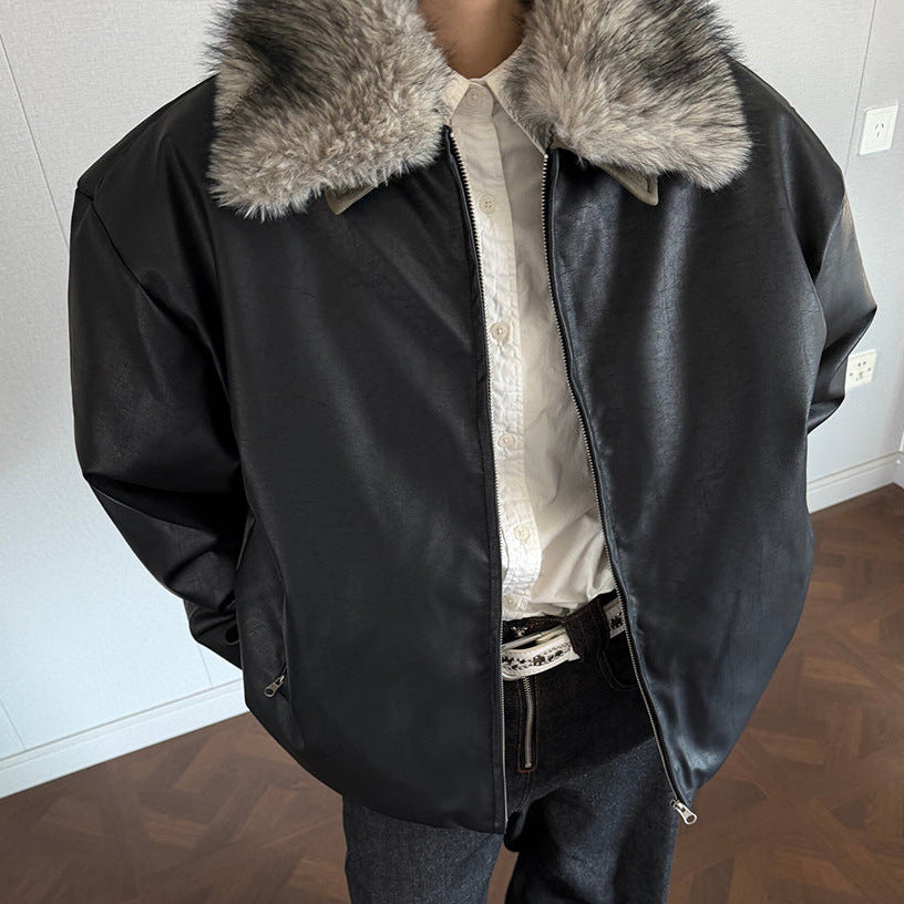 Detachable Fake Fur Collar PU Leather Zipper Jacket WN21921