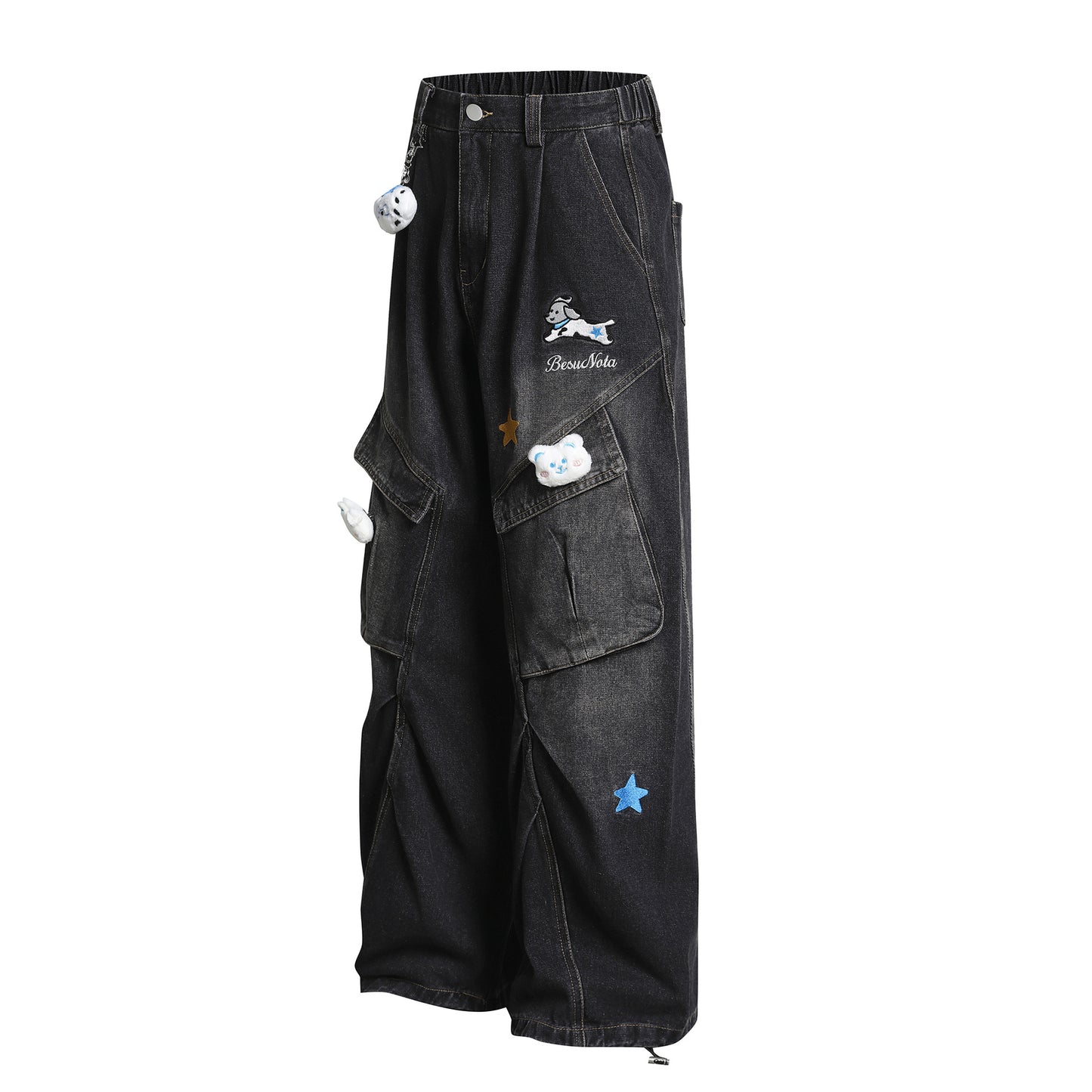 Pleated Dog Embroidery Detachable Dog Charm Wide Leg Denim Jeans WN26803