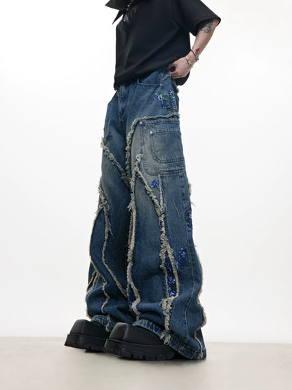 Sequin Embroidery Curved Raw Hem Wide Leg Denim Jeans WN18361